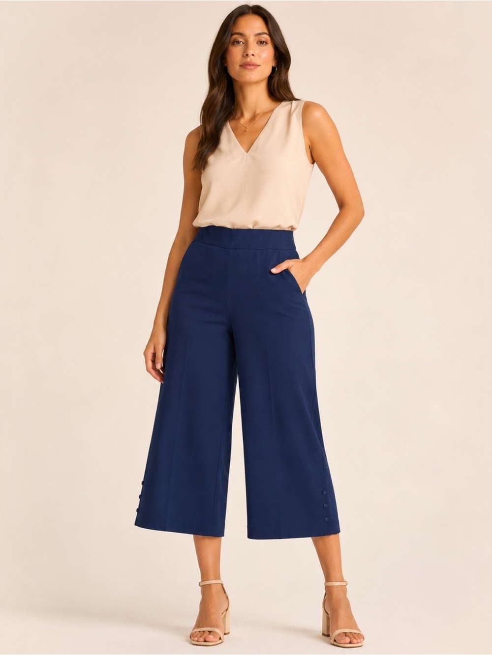 Isaac Mizrahi Live 24/7 Stretch Culotte Pants Women 16 Navy Button Hem Crop